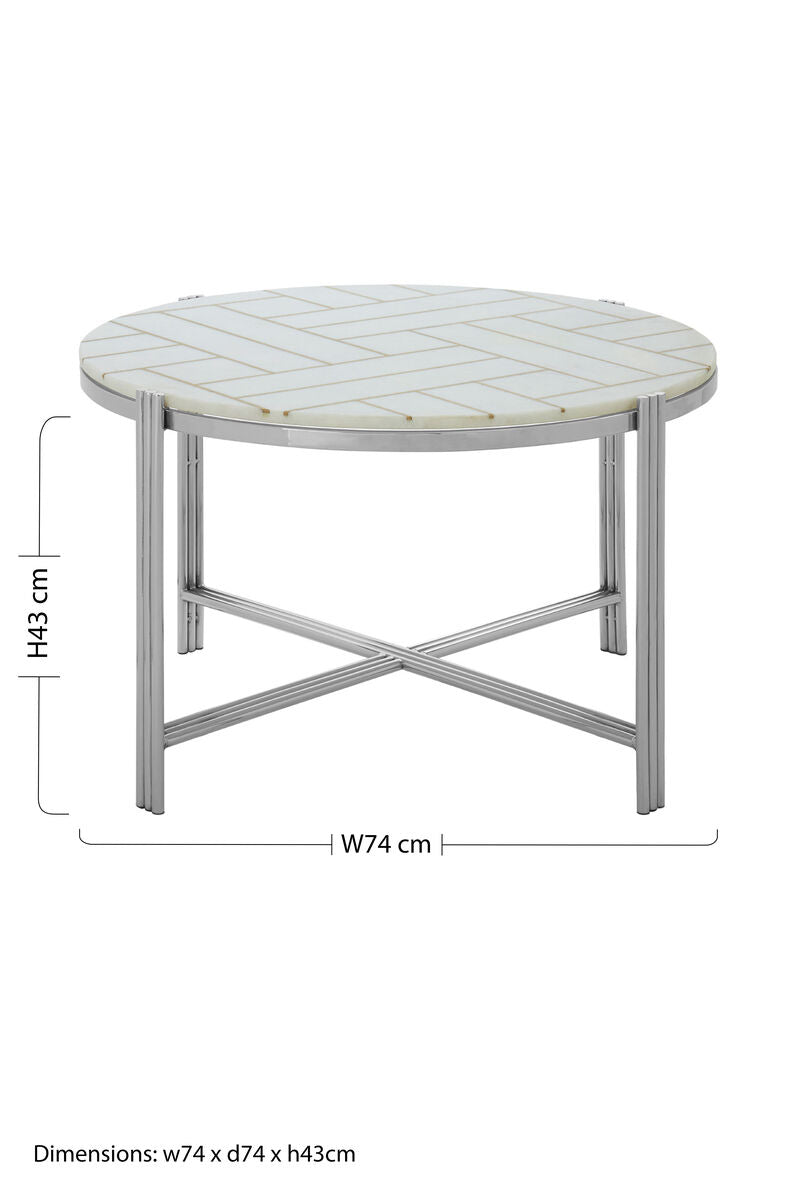 White Marble Top Coffee Table with Gold Detail and Silver Finish Frame, Eva