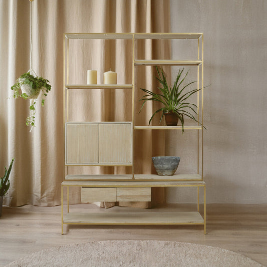 Modica Oak Wood and Gold Finish Shelf Unit