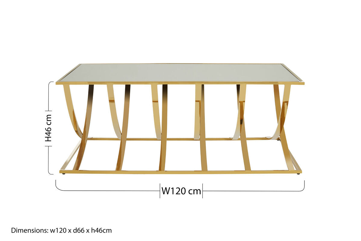 Mirrored Glass Top Coffee Table with Gold Finish Stainless Steel Frame, Reena