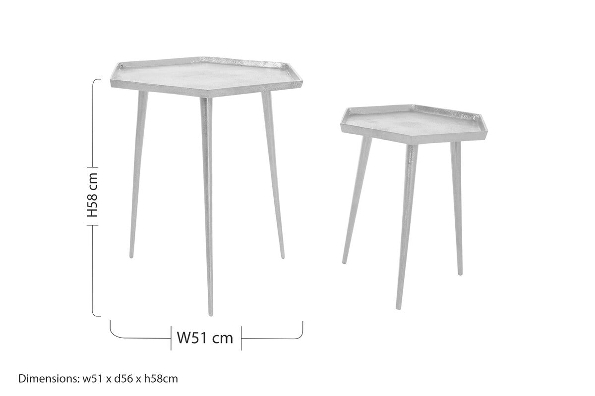 Silver Set of 2 Hexagonal Side Tables with Textured Tops and Splayed Legs, Halle