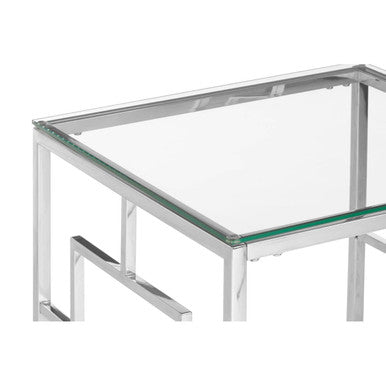 Silver Reflective Frame End Table with Clear Tempered Glass Top, Allure