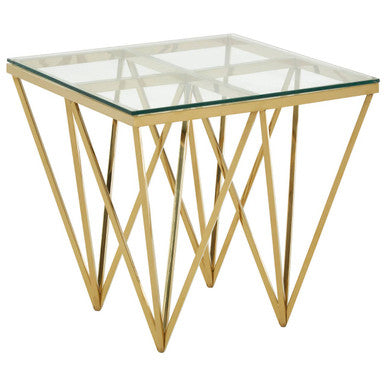 Gold Finish Side Table with Tempered Glass Top and Sculptural Metal Base, Allure