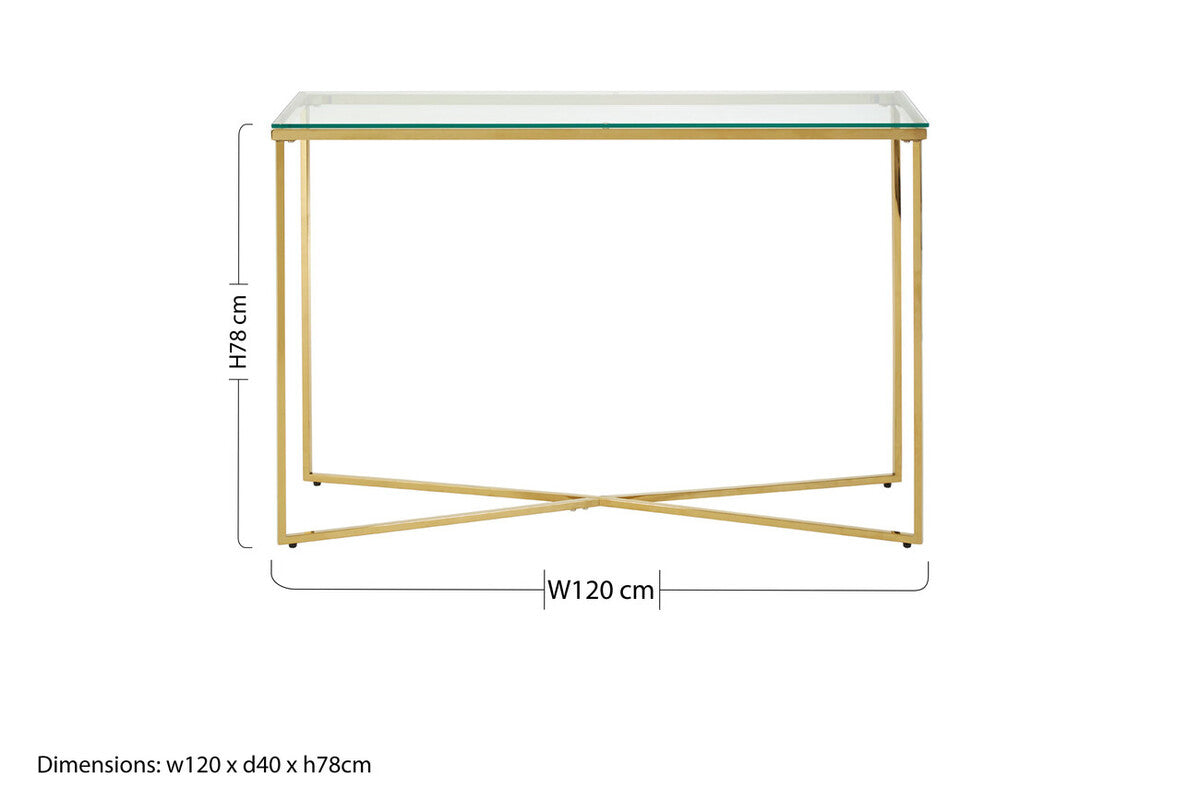 Allure Clear Glass Console Table with Gold Finish Cross Frame
