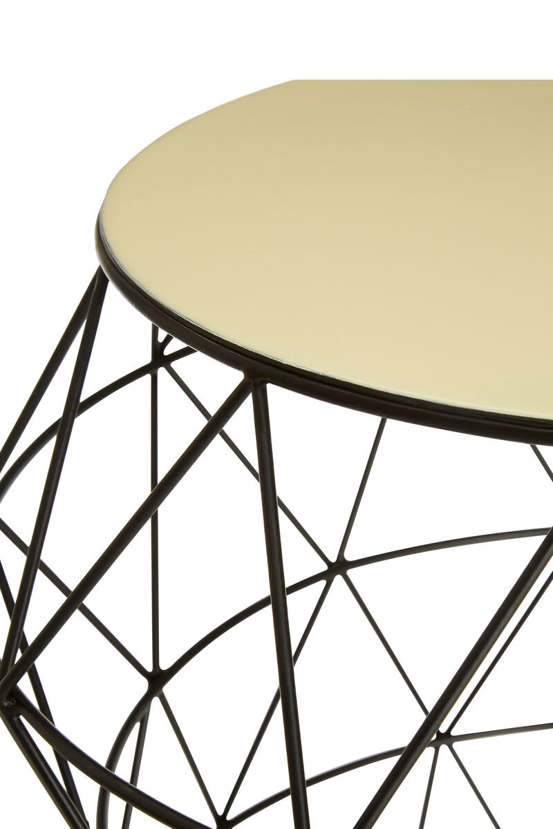 White Ivory Enamel Top Side Table with Black Metal Geometric Openwork Base, Corina