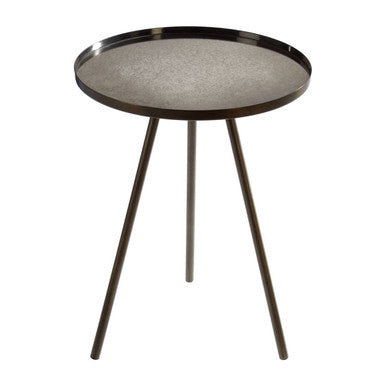 Black Finish Iron Metal Splayed Legs Side Table with Round Weathered Antique Glass Top, Corra