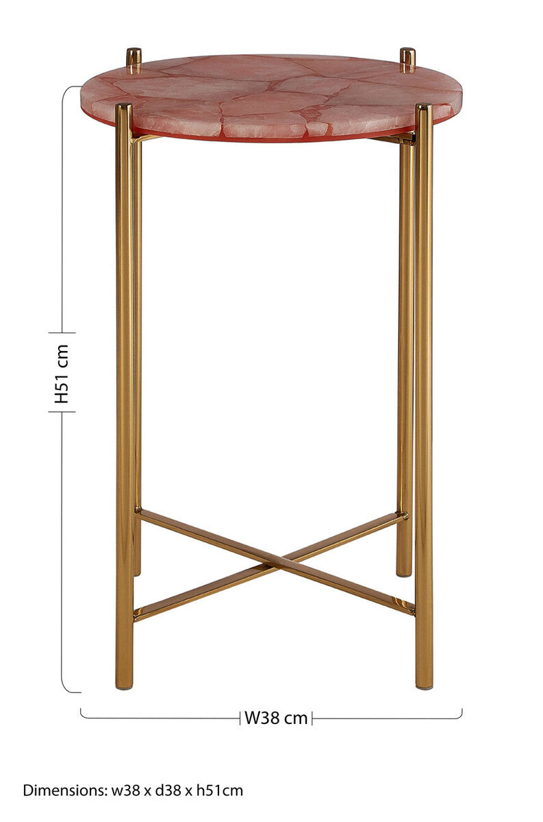 Gold and Pink Quartz Top Side Table with Gold Steel Cross Base, Vita