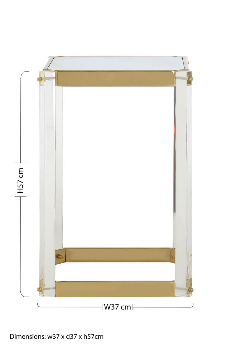 Clear Mirrored Top Side Table with Clear Acrylic Legs and Gold Finish Frame, Miley