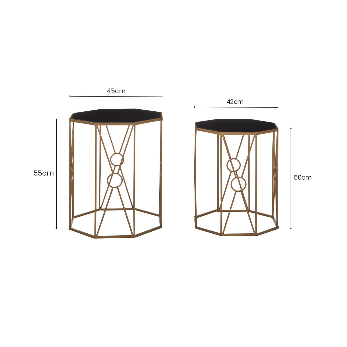 Trento Black Glass and Copper Finish Set of 2 Hexagon Side Tables