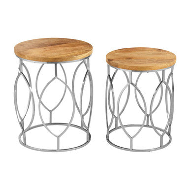Set of 2 Natural Mango Wood Round Top Side Tables with Reflective Stainless Steel Base, Agra