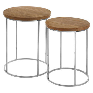 Agra Natural Mango Wood and Metal Set of 2 Round Side Tables