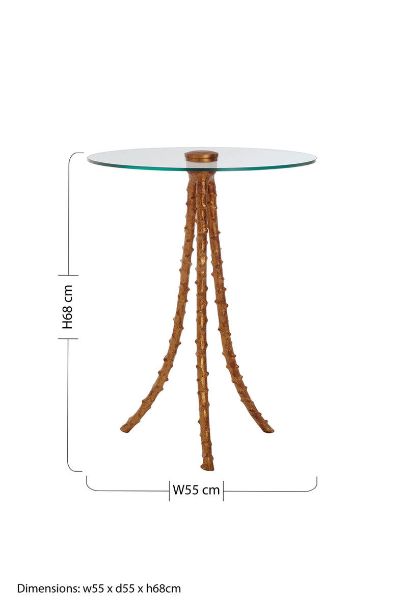 Clear Glass Top Large Side Table with Warm Gold Finish Iron Tripod Base, Sika