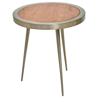 Natural Acacia Wood Round Side Table with Gold Aluminium Border and Legs, Almora