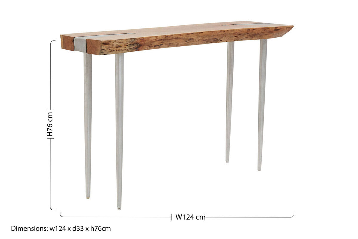 Rustic Natural Acacia Wood Console Table with Silver Aluminium Inlay Frame, Almora