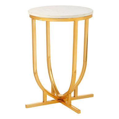 White Marble Tops Round Side Tables with Gold Finish Metal Frame, Templar