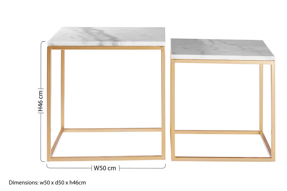 Set of Two White Marble Top Square Nesting Side Tables with Gold Metal Frame, Avantis