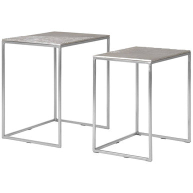 Silver Nickel Set of Two Rectangular Nesting Tables with Textured Aluminium Tops and Sleek Iron Frame, Templar
