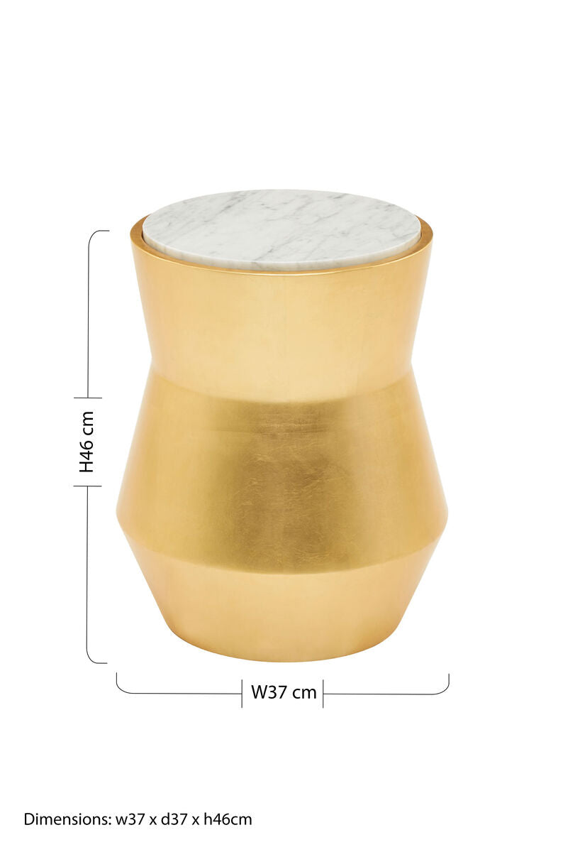 Small Gold Drum Wood Side Table with White Marble Top, Lino