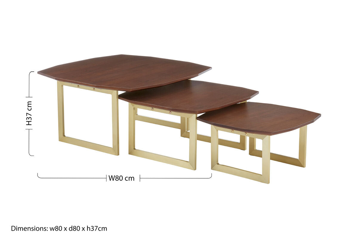 Set of 3 Brown Walnut Wood Nesting Side Tables with Gold Finish Metal Legs, Villi