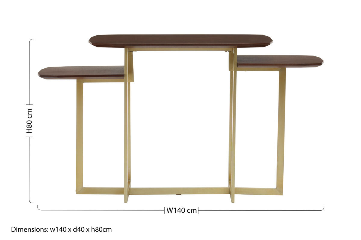 Brown Wood Multi Level 3 Tier Console Table with Gold Finish Metal Frame, Villi