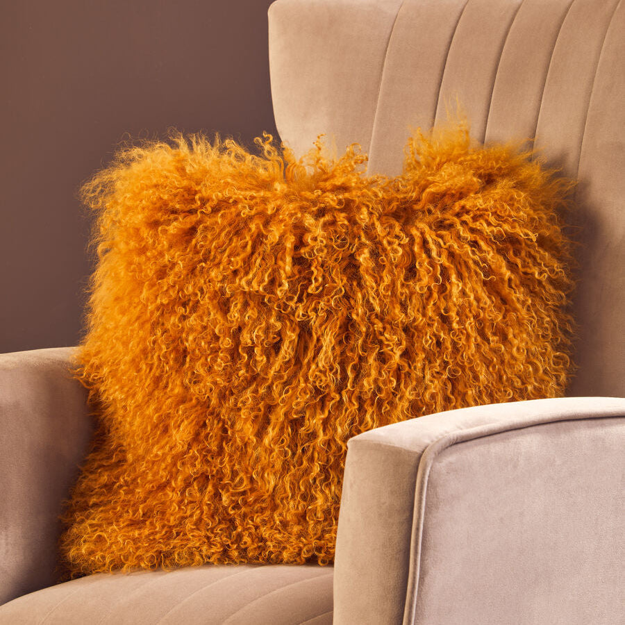 Bosie Real Fur Ochre Square Cushion | Mongolian