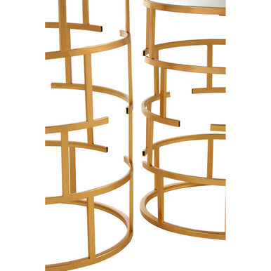Set of 2 Mirrored Glass Top and Gold Maze Design Base Side Tables, Avantis