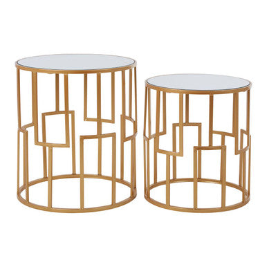 Set of 2 White Mirrored Glass Top and Gold Metal Frame Round Side Tables, Avantis