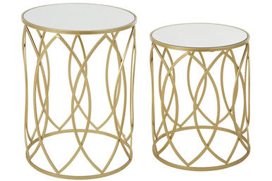 Set of 2 Mirrored Glass Top and Gold Champagne Finish Metal Frame Side Tables, Avantis