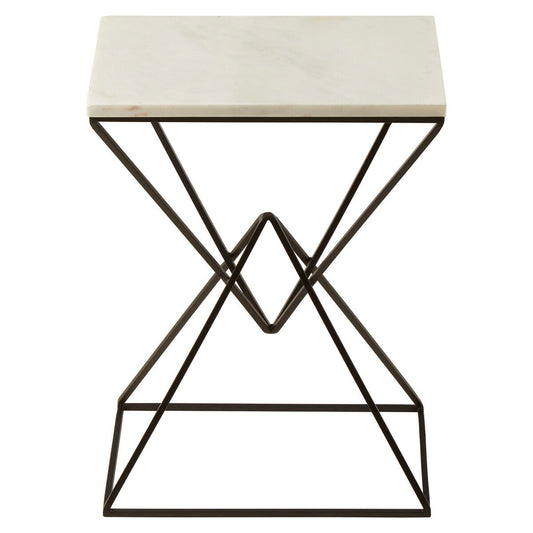 White Marble Top Rectangular Side Table with Black Metallic Prismatic Base | Shalimar