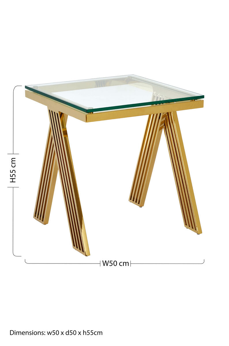 Clear Glass Top End Table with Gold Finish Stainless Steel Slim Lines Frame, Piermount