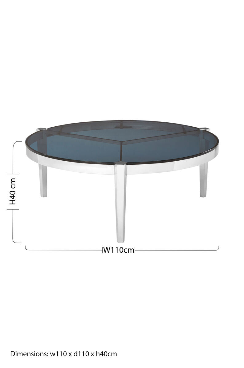 Smoky Grey Glass Round Top Coffee Table with Silver Finish Stainless Steel Frame, Piermount