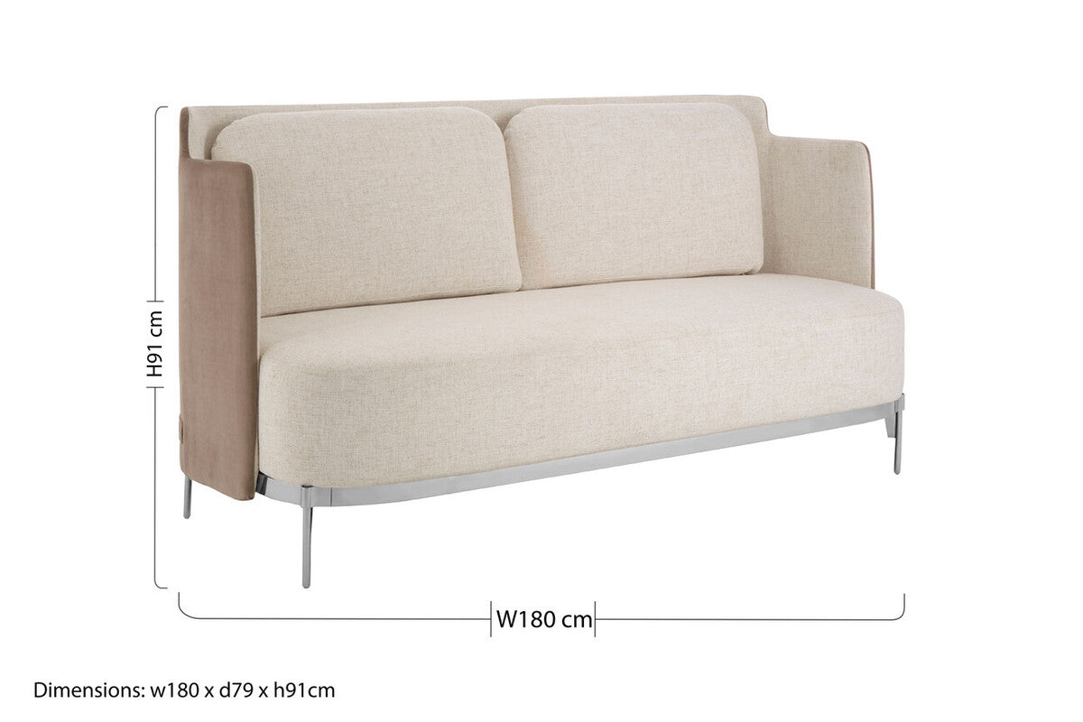 Piermount Ivory Fabric and Mink Velvet 2 Seater Sofa with Silver Finish Base