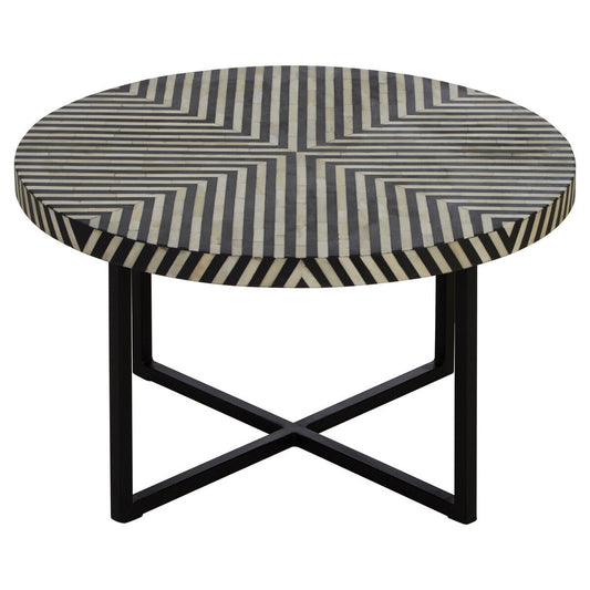Black and White Top Bone Inlay Coffee Table with Black Metal Legs | Boho