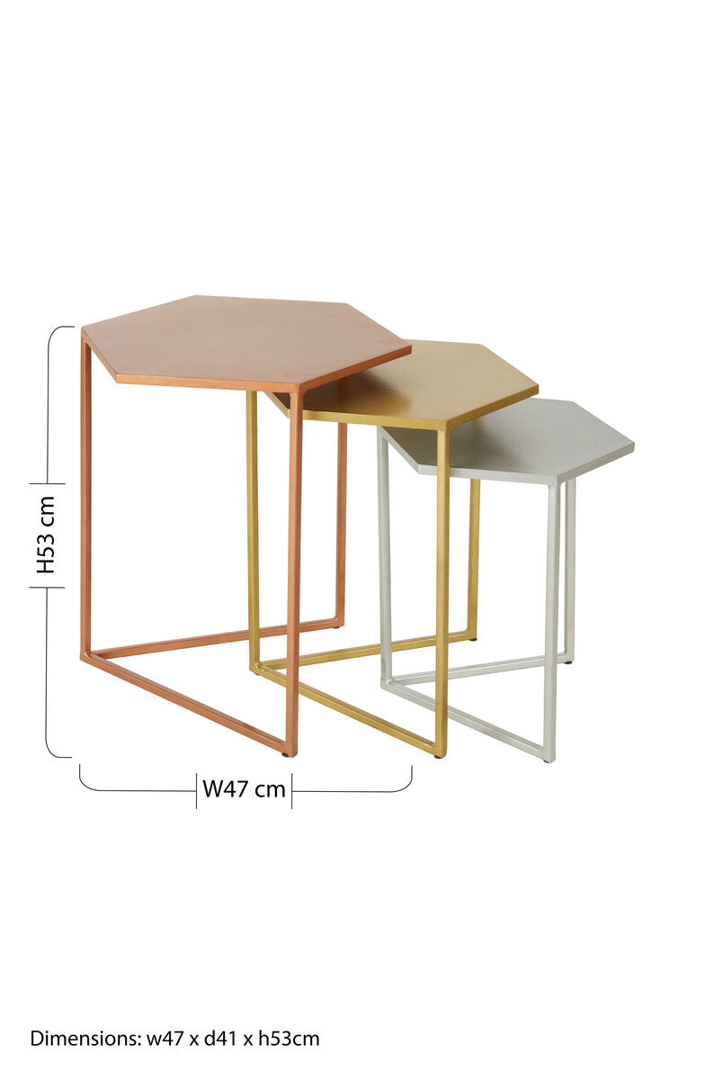 Nest of 3 Assorted Hexagonal Nesting Table with Metallic Tops, Rabia