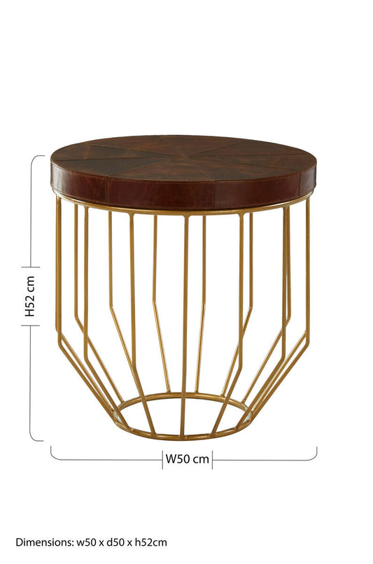 Tan Leather Segmented Top Side Table with Gold Metallic Iron Base, Kensington Townhouse
