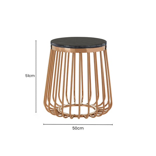 Black Marble Top Round Side Table with Gold Cage Design Metal Base, Tula