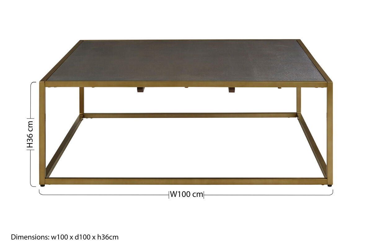 Dark Brown Shagreen Top Coffee Table with Deep Gold Finish Iron Frame, Kempton