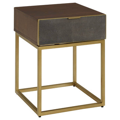 Dark Brown Shagreen Top Console Table with One Storage Drawers and Gold Finish Iron Frame, Kempton