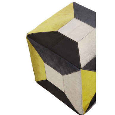 Bosie Safira Multi Coloured Hair on Leather Geometric Patchwork Pouffe