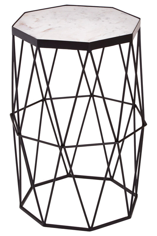 White Marble Top Octagonal Side Table with Black Finish Metal Base, Shalimar