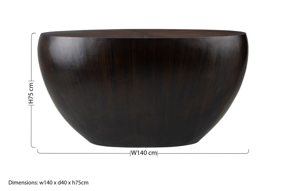 Natural Starburst Patterned Wood Top Round Ebony Console Table with Grey Bamboo Base, Gabo