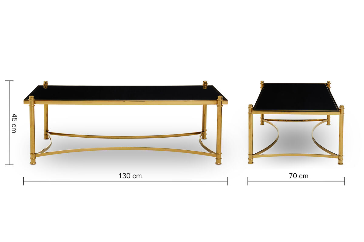 Gold Finish Base Coffee Table with Black Glass Top, Ackley