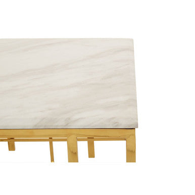 White Marble Top Side Table with Gold Finish Geometric Stainless Steel Base, Aprilia