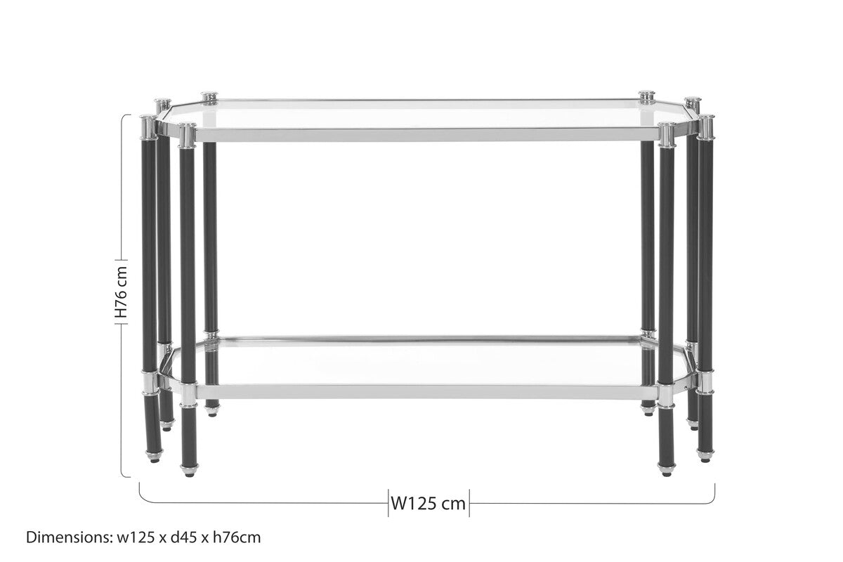 Silver and Black Chrome Finish Console Table with Clear Tempered Glass Top, Allessi