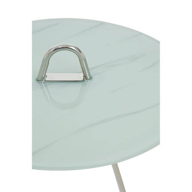 Round Clear Glass Top End Table with Silver Stainless Steel Frame and Splayed Legs, Oria