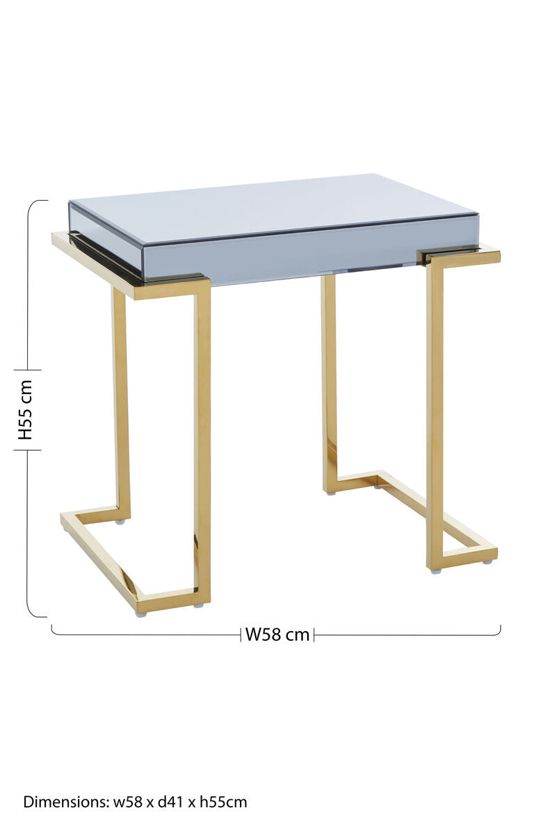 Grey Mirrored Top End Table with Gold Finish Stainless Steel Sledge Base, Kaso