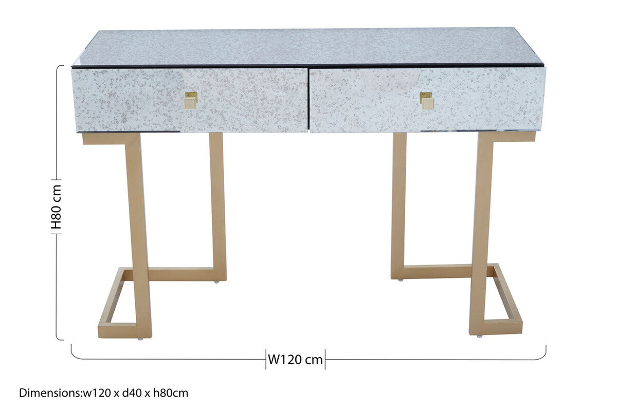 Antique Mirrored Top Console Table with Two Drawers and Brass Finish Iron Stand, Kesena