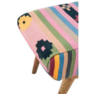 Cefena Multi Coloured Fabric Footstool with Mango Wood Legs