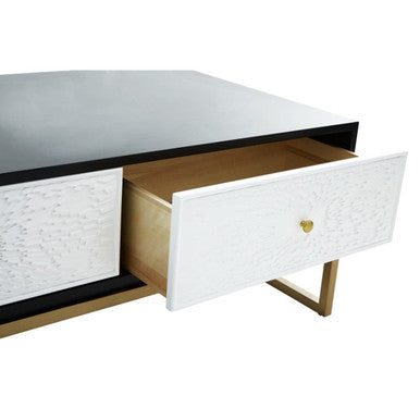 Black and White 4 Drawer Warm Metallic Finish Coffee Table with Gold Knob Handle, Dumas