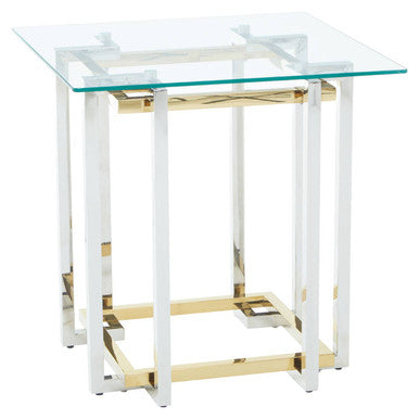 Clear Tempered Glass Top Side Table with Silver and Gold Stainless Steel Base, Elino