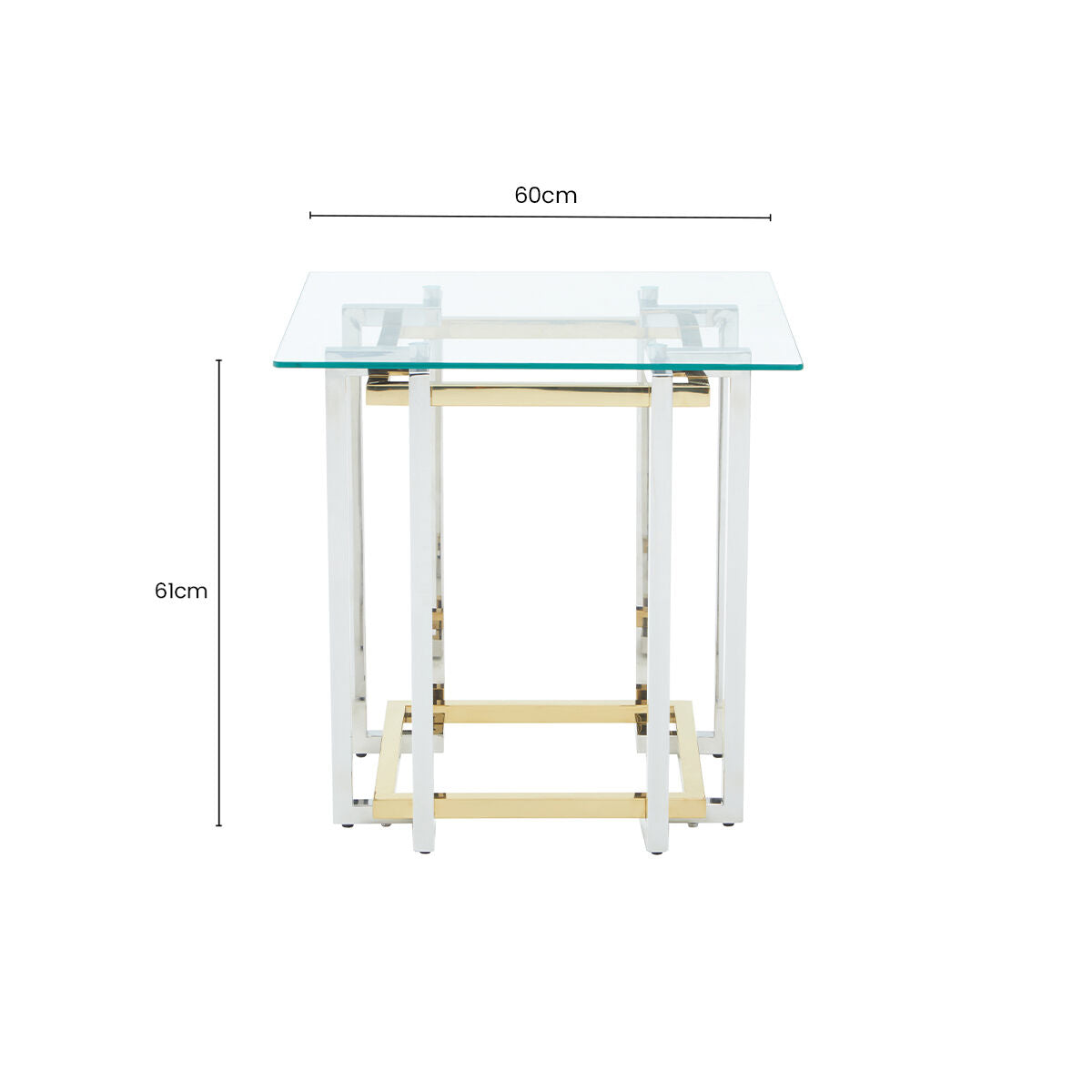 Clear Tempered Glass Top Side Table with Silver and Gold Stainless Steel Base, Elino